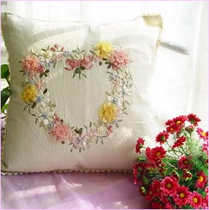 Ribbon Work on Cotton Pillow Cover